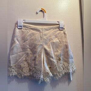 Reformation Cream Satin Lace-Trim Sleep Shorts